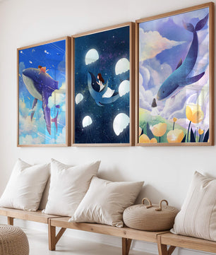 Impressions artistiques de baleines dans un style fantastique