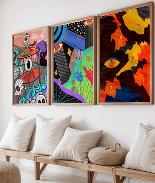 Tríptico de Arte Contemporáneo sin Marco con Estilo Pop y Abstracto