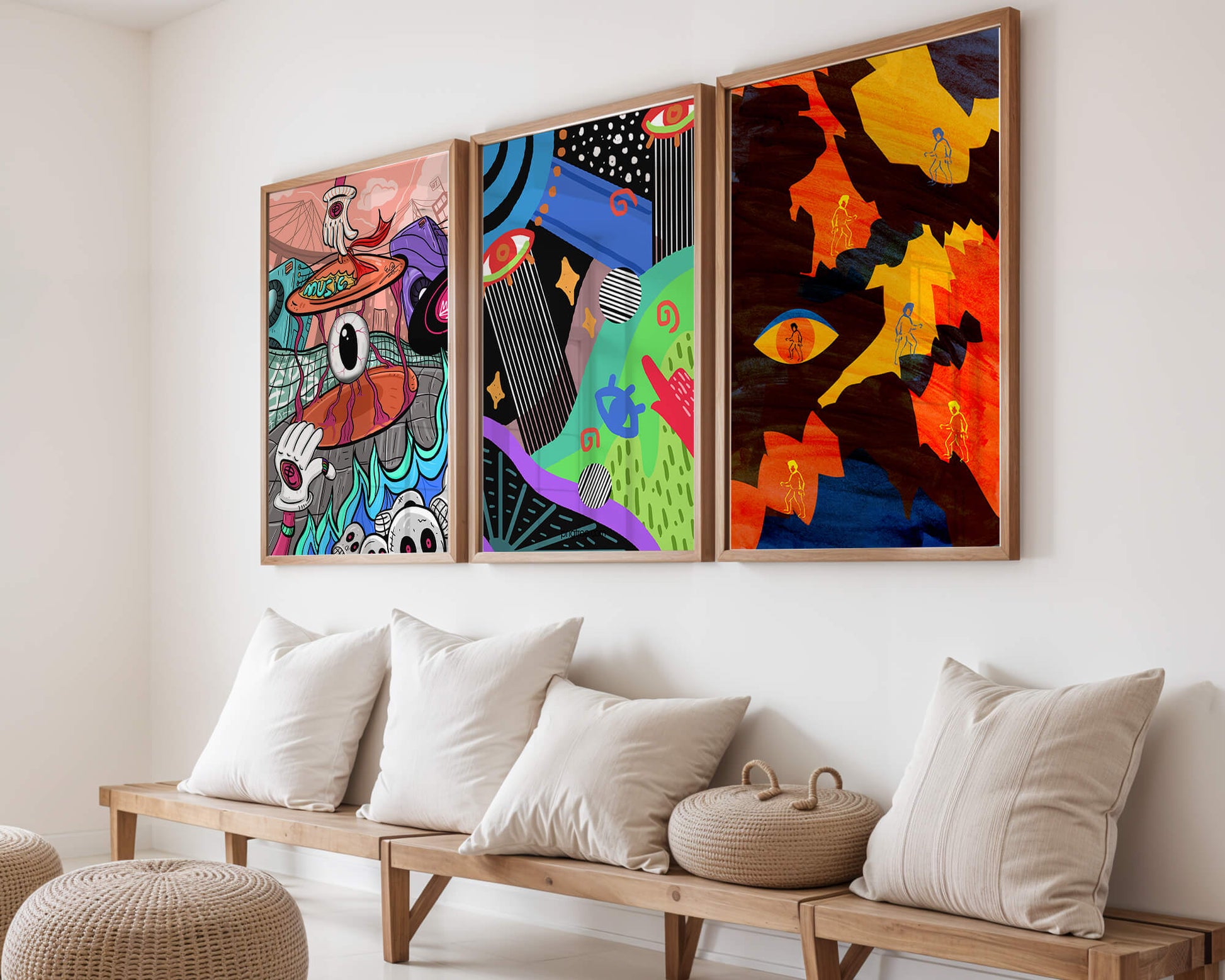 Tríptico de Arte Contemporáneo sin Marco con Estilo Pop y Abstracto
