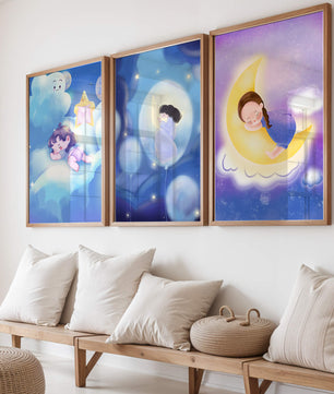 Images enfantines de rêves en couleurs pastel avec lune et nuages