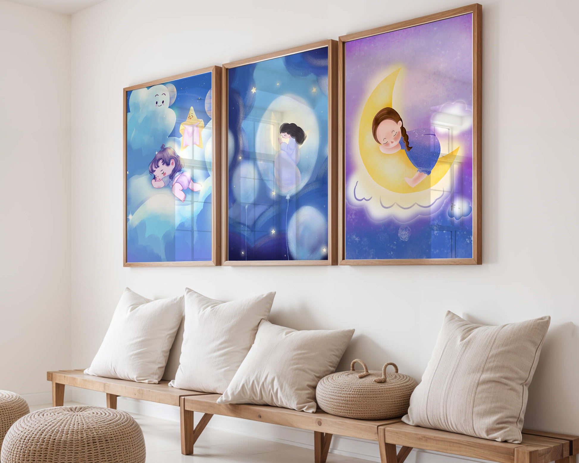 Images enfantines de rêves en couleurs pastel avec lune et nuages
