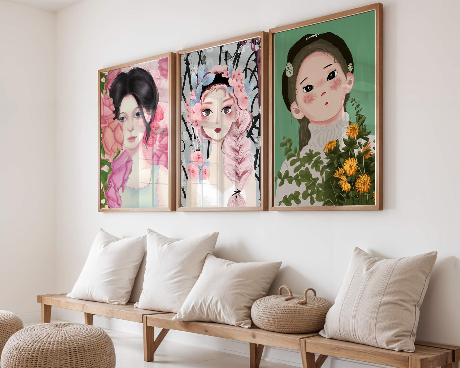 Illustrations de femmes avec des fleurs sur fond clair