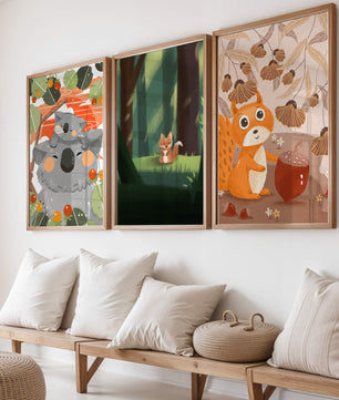 Triptyque d’Animaux de la Forêt en Style Enfantin