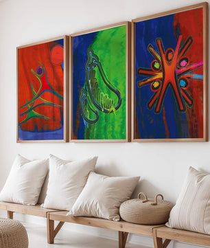 Conjunto de Tres Obras de Arte Abstracto con Elementos en Colores Vibrantes
