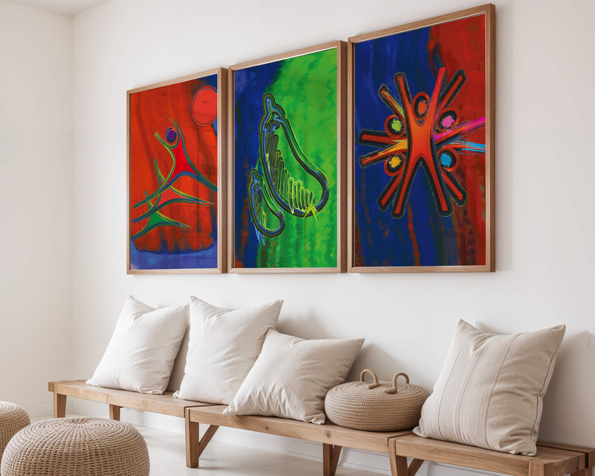 Conjunto de Tres Obras de Arte Abstracto con Elementos en Colores Vibrantes