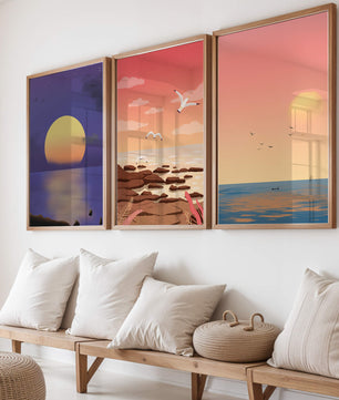 Ensemble de tableaux avec des paysages au coucher et au lever du soleil