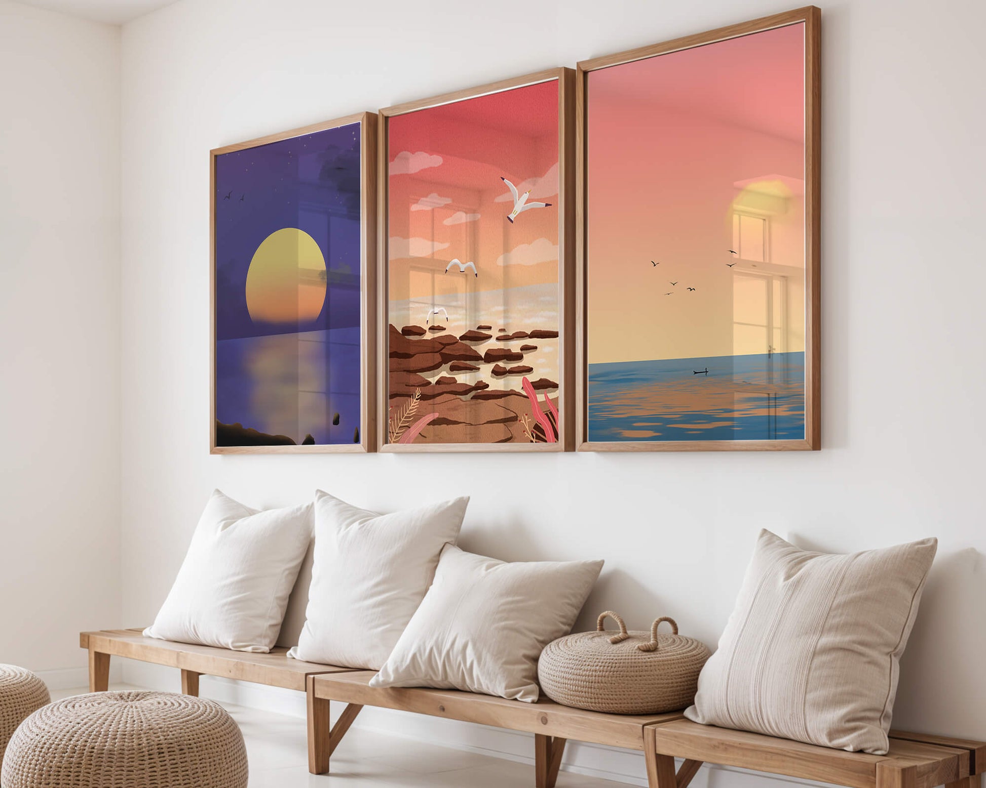 Ensemble de tableaux avec des paysages au coucher et au lever du soleil