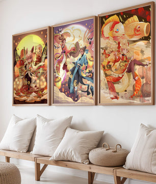 Triptyque d'art fantastique avec des personnages imaginaires