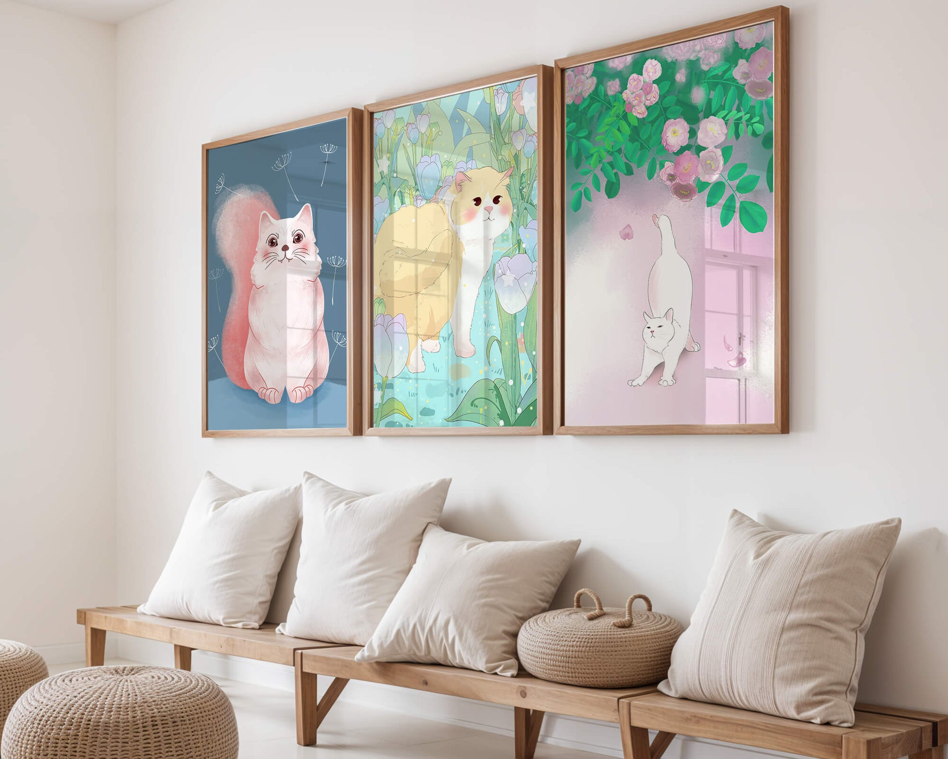 Conjunto De Ilustraciones De Gatos Con Fondos Naturales