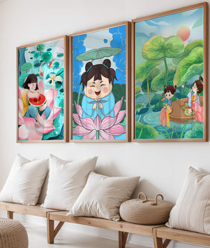 Trois illustrations d'enfants dans un style asiatique avec des éléments de la nature