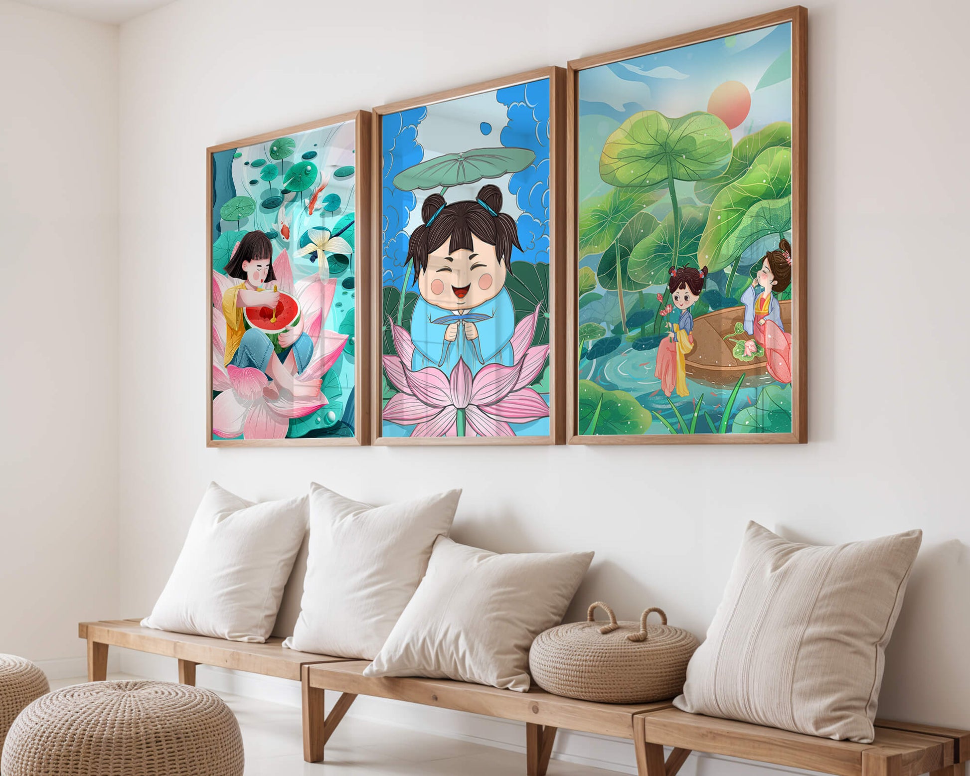 Trois illustrations d'enfants dans un style asiatique avec des éléments de la nature