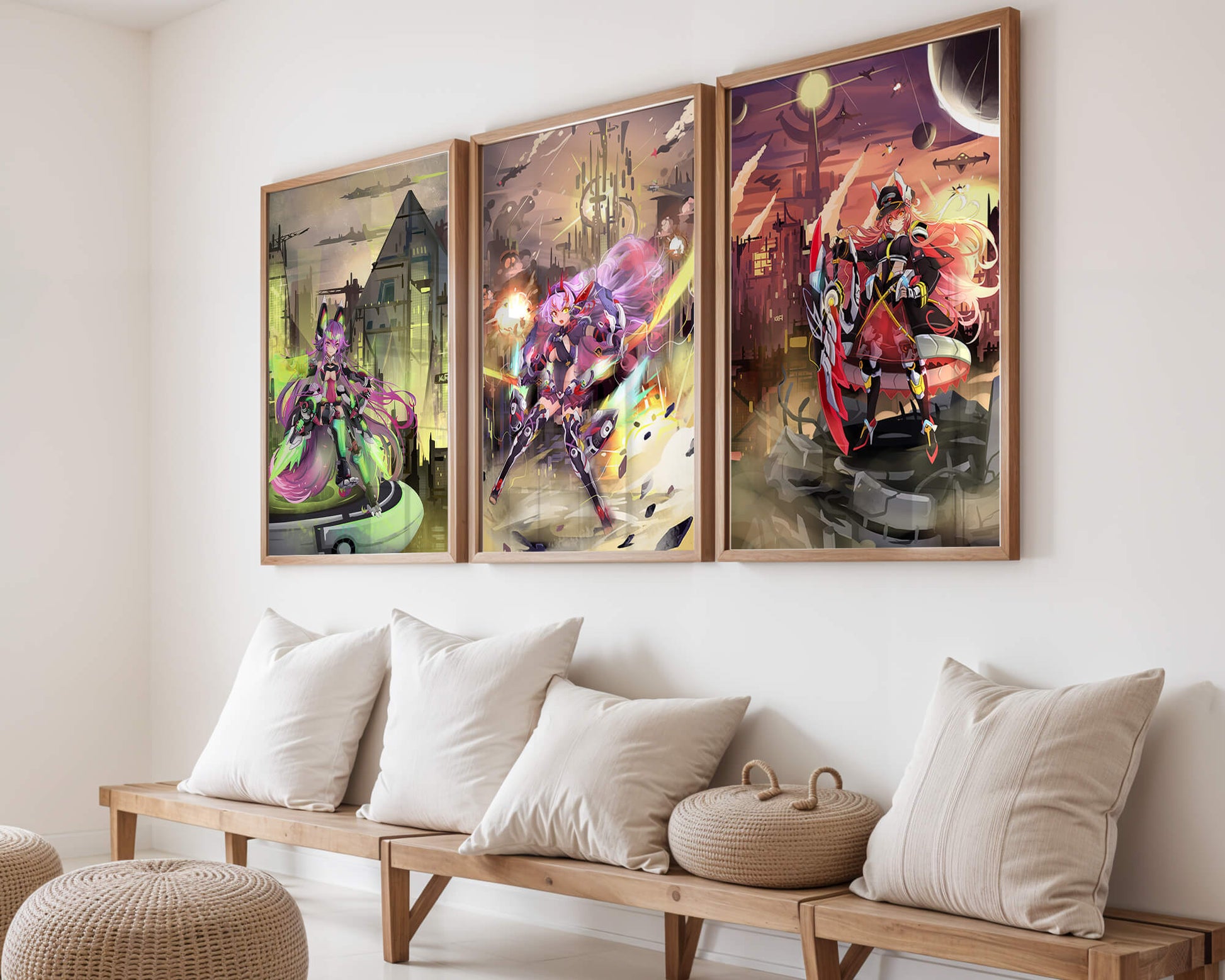 Trio d’illustrations futuristes dans des cadres de couleur claire