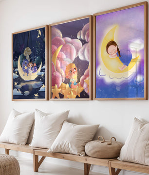 Triptyque d’art pour enfants sur le thème de la lune et des étoiles