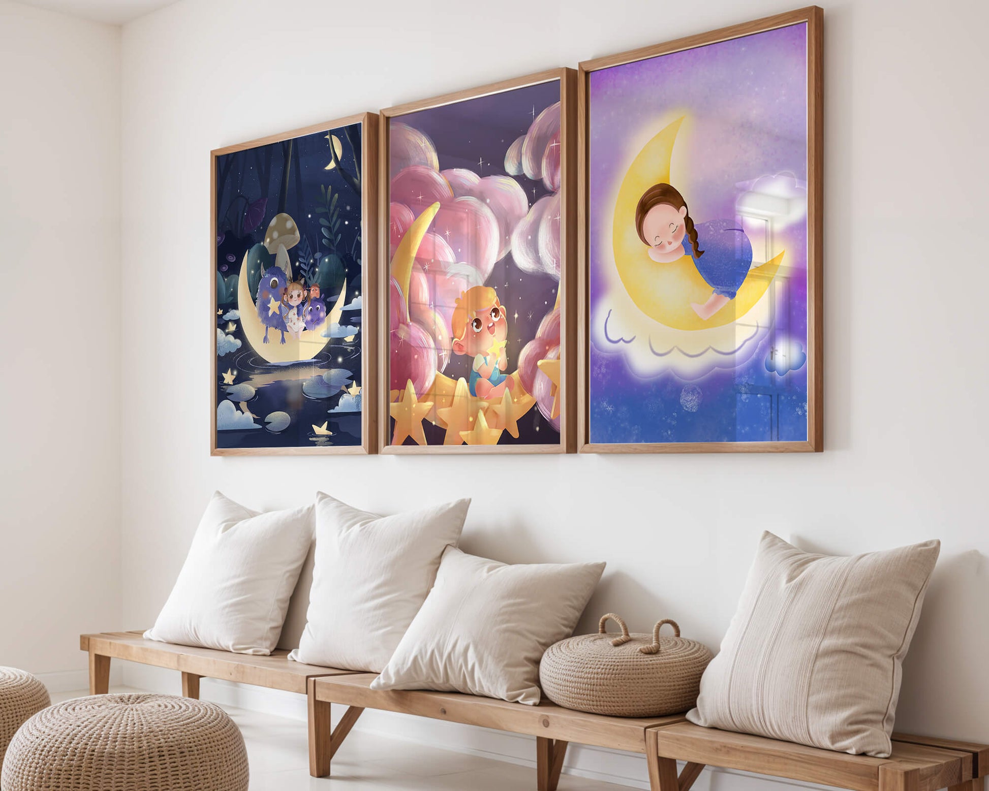 Tríptico de Arte Infantil con Temática de Luna y Estrellas