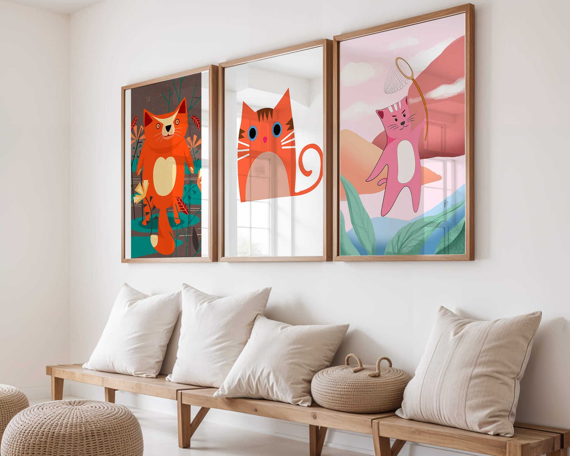 Tríptico De Ilustraciones De Gatos En Diseños Modernos