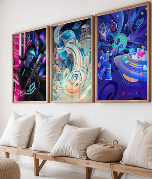 Set aus drei futuristischen Kunstdrucken in modernem Umfeld