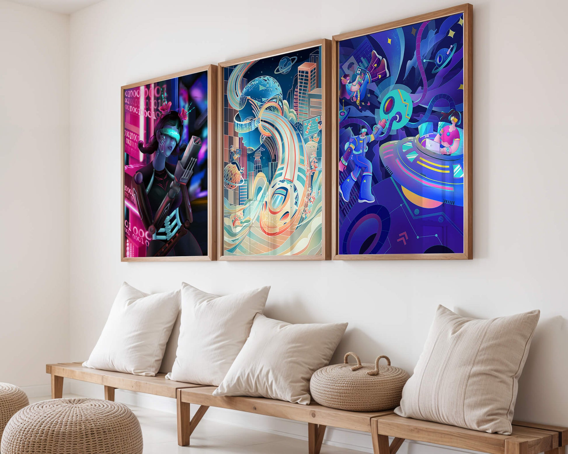 Set aus drei futuristischen Kunstdrucken in modernem Umfeld