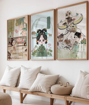 Illustrations de style oriental avec des personnages enfantins