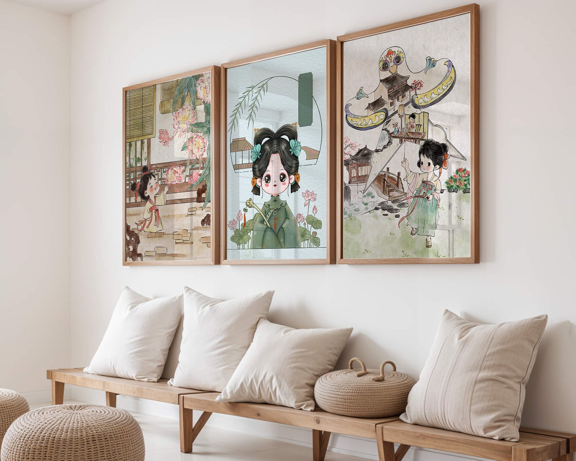 Illustrations de style oriental avec des personnages enfantins