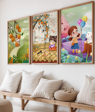 Ensemble de trois illustrations pour enfants avec des fruits et des animaux