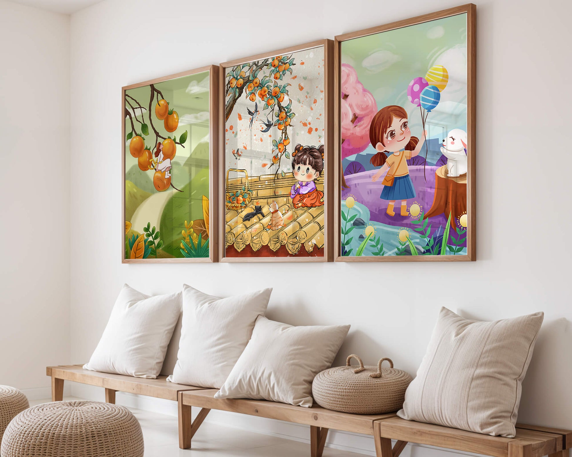 Ensemble de trois illustrations pour enfants avec des fruits et des animaux