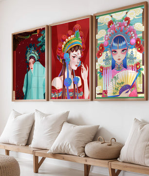 Ensemble de trois illustrations colorées de femmes avec des coiffes traditionnelles asiatiques