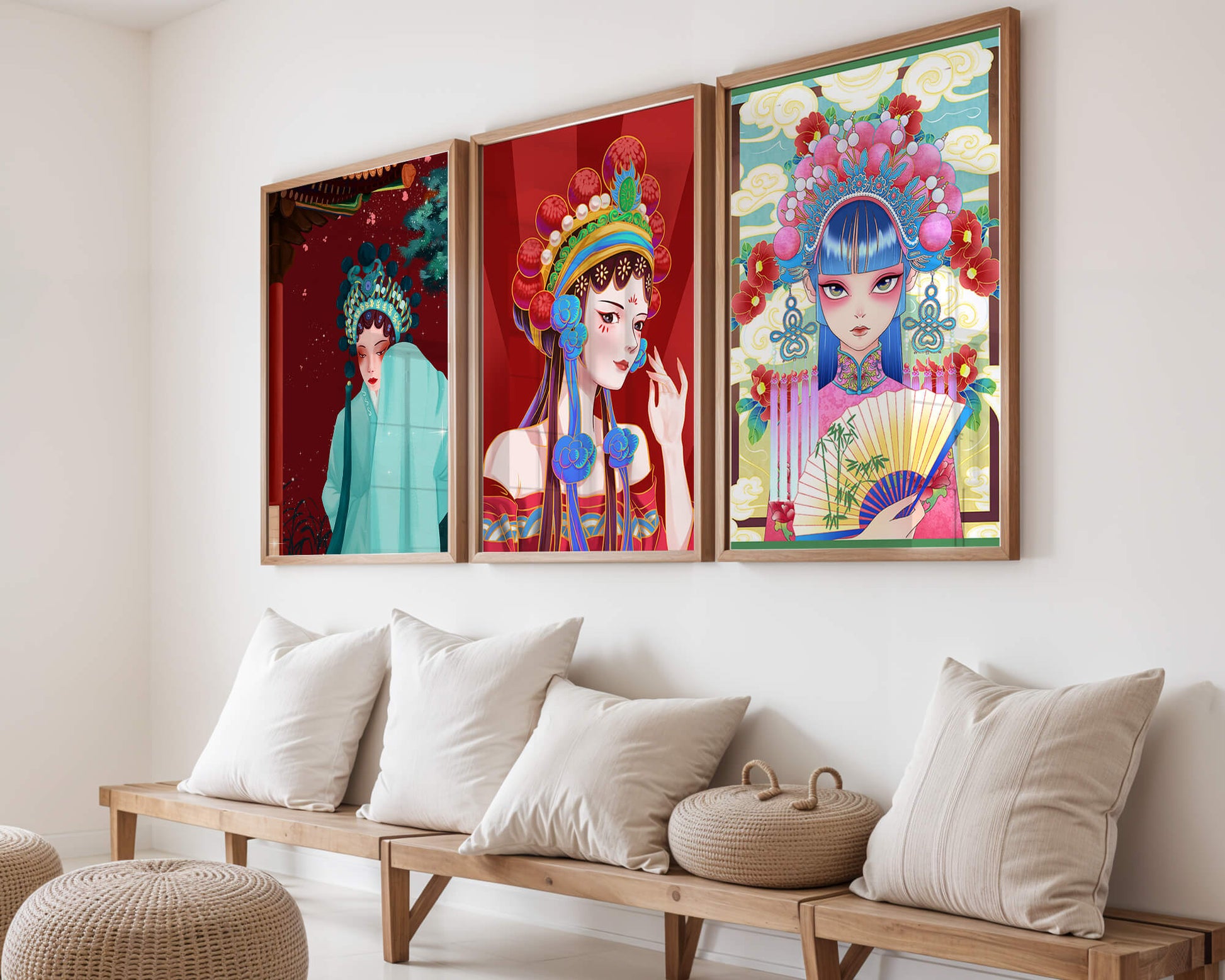 Set De Tres Ilustraciones Coloridas De Mujeres Con Tocados Tradicionales Asiáticos