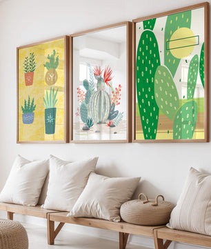 Conjunto de Ilustraciones de Cactus en Marcos de Madera en Pared Clara