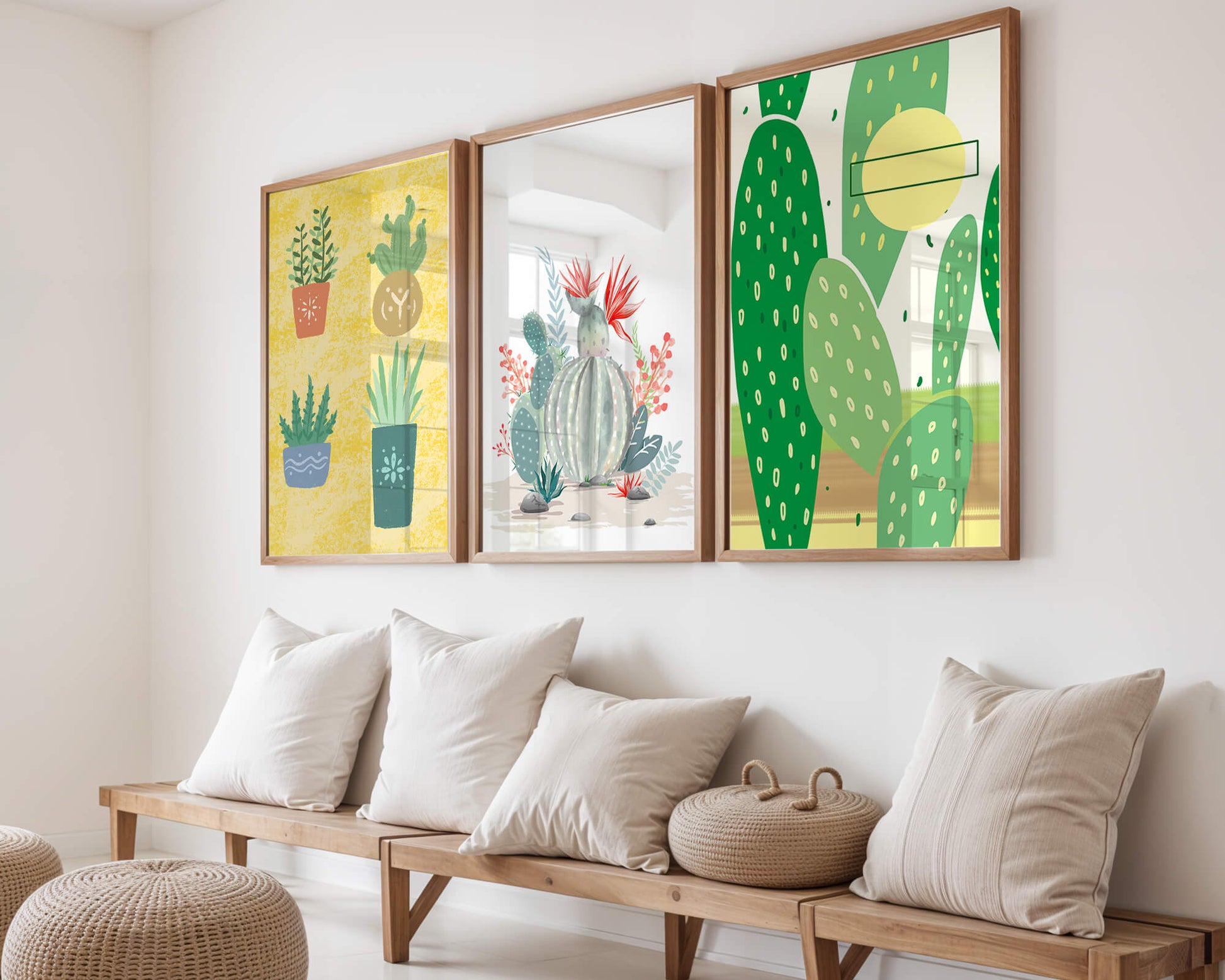 Conjunto de Ilustraciones de Cactus en Marcos de Madera en Pared Clara