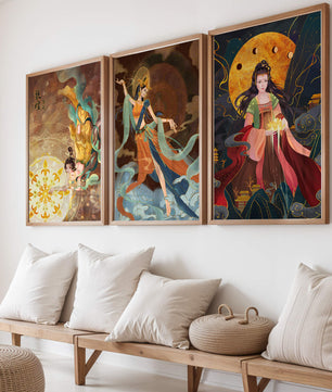 Impressions d'art asiatique avec figures féminines et éléments dorés