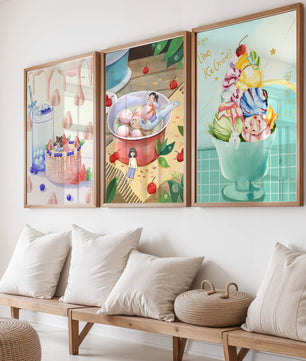 Triptyque coloré d’art culinaire pour enfants sur mur