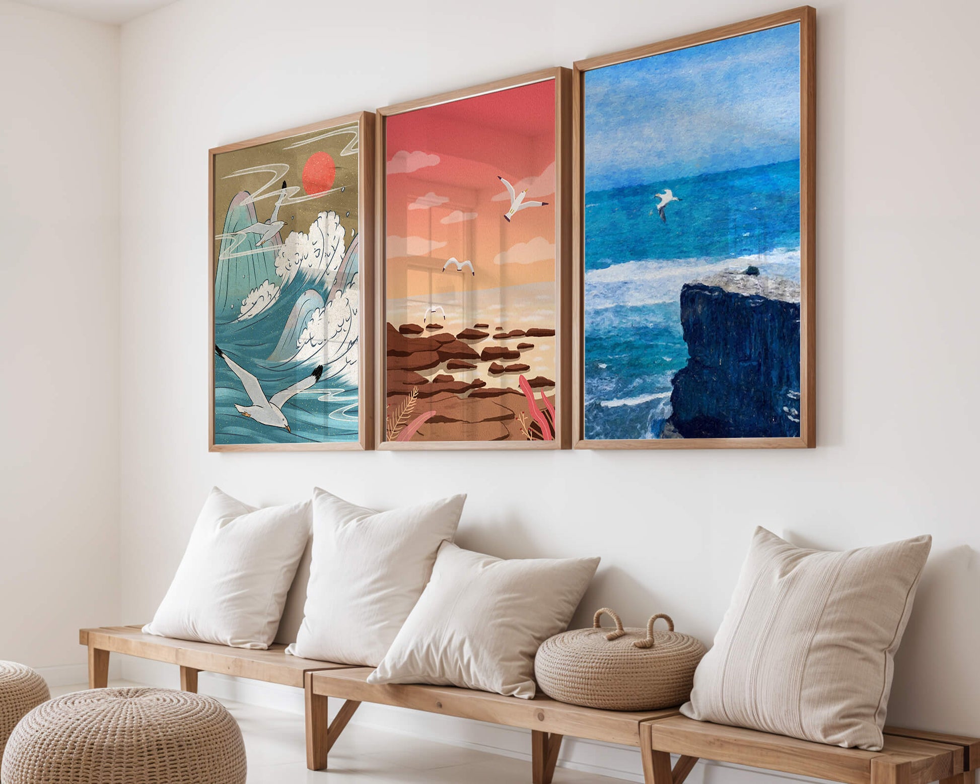 Tríptico de Paisajes Marinos con Aves