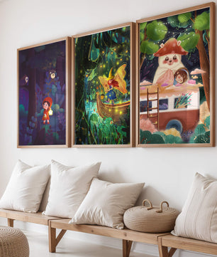 Triptyque d’illustrations fantastiques pour décoration enfantine