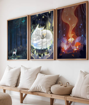 Ausstellung von Fantasie-Kunst mit mystischen Kreaturen in einer natürlichen Umgebung
