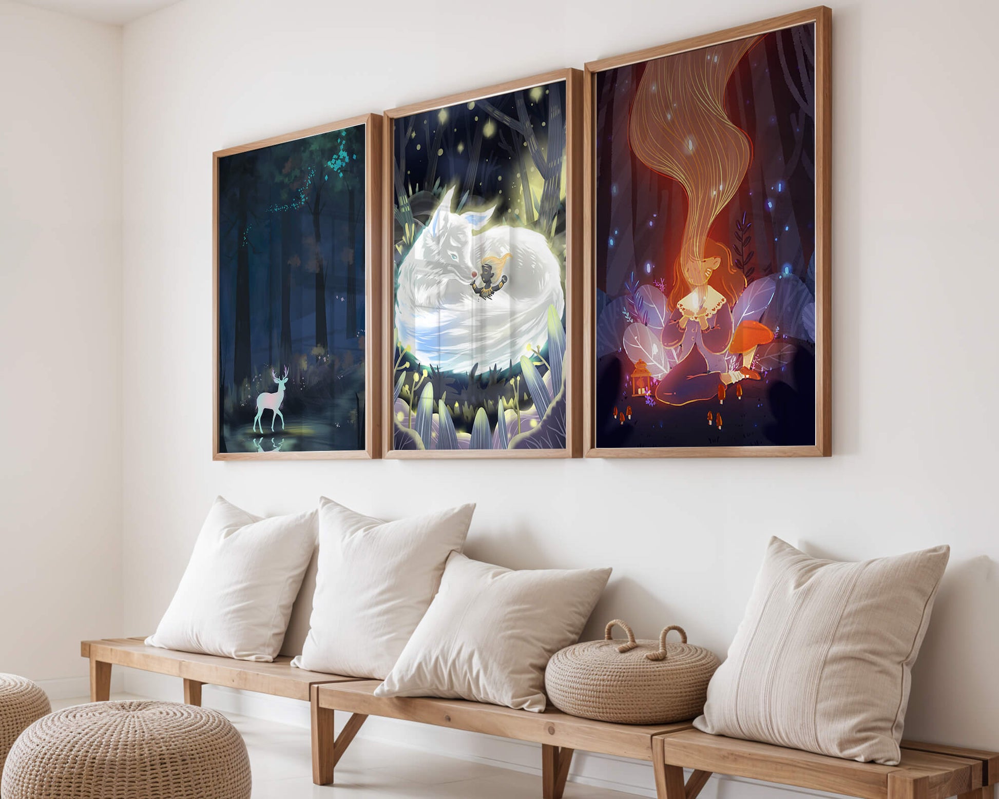 Exhibición De Arte De Fantasía Con Criaturas Místicas En Un Entorno Natural