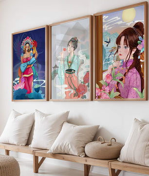 Moderne asiatische Kunst mit Frauen und Natur