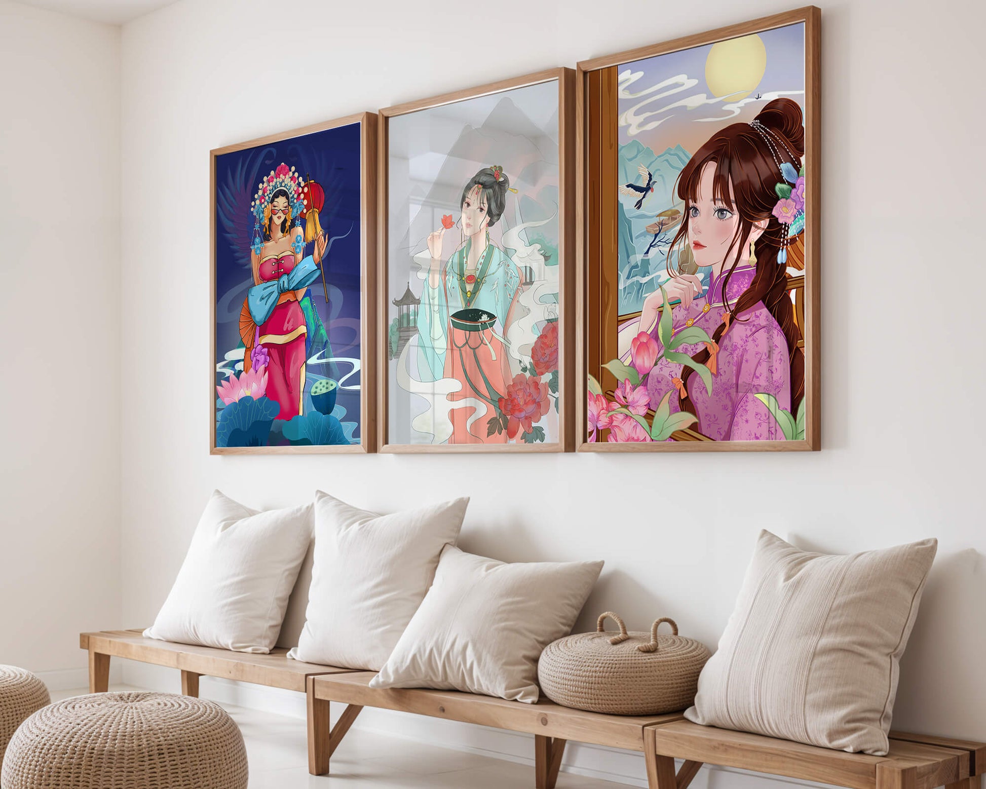 Moderne asiatische Kunst mit Frauen und Natur