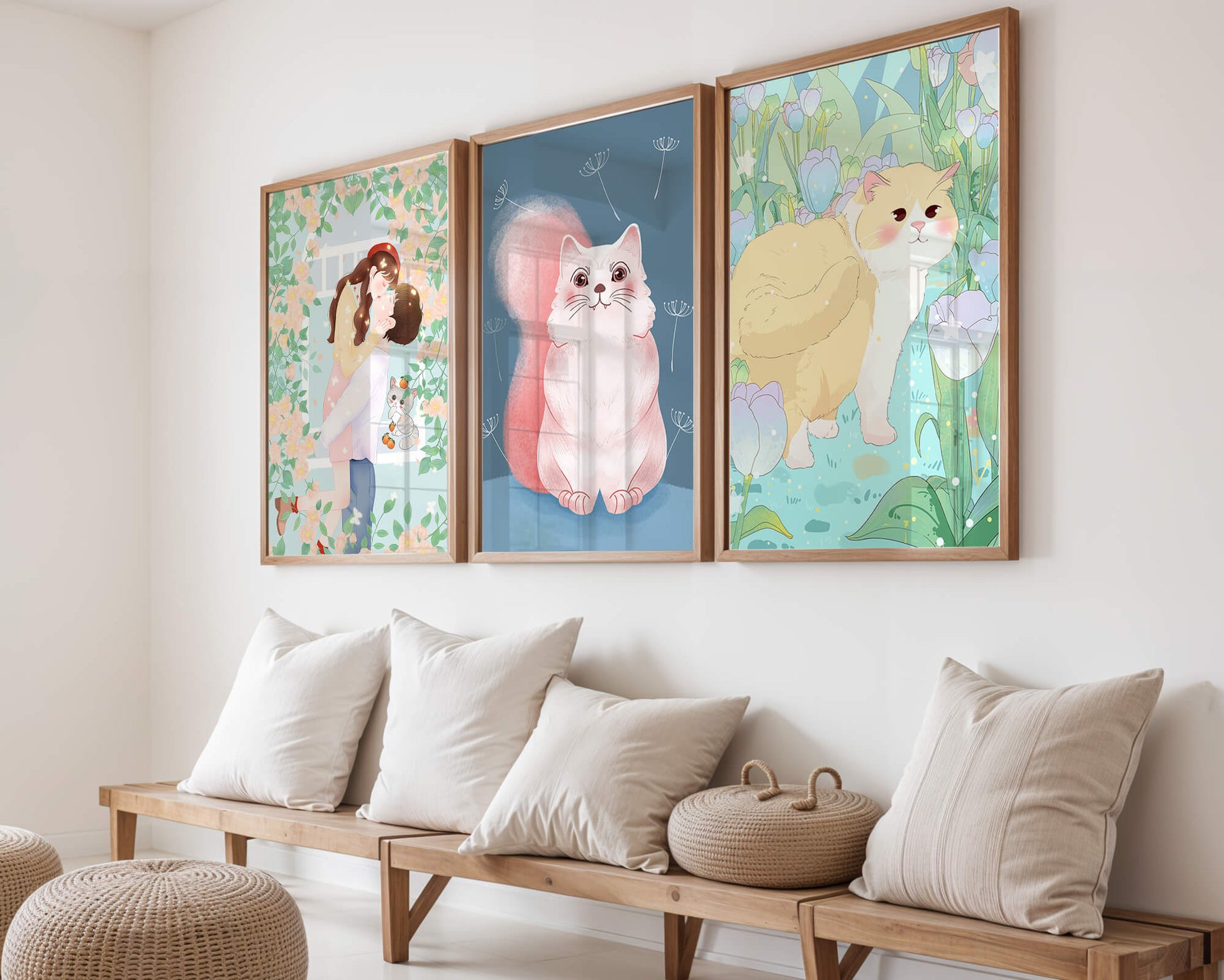 Ensemble de trois tableaux avec des chats et un design floral dans des tons pastel