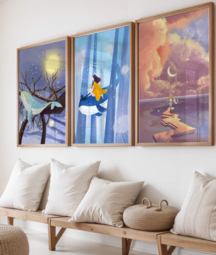 Triptyque d'Illustrations Fantastiques Sans Cadre avec Baleines et Paysages de Rêve