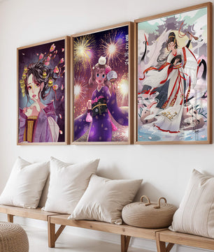Triptyque d’art anime avec estampes de personnages en kimono