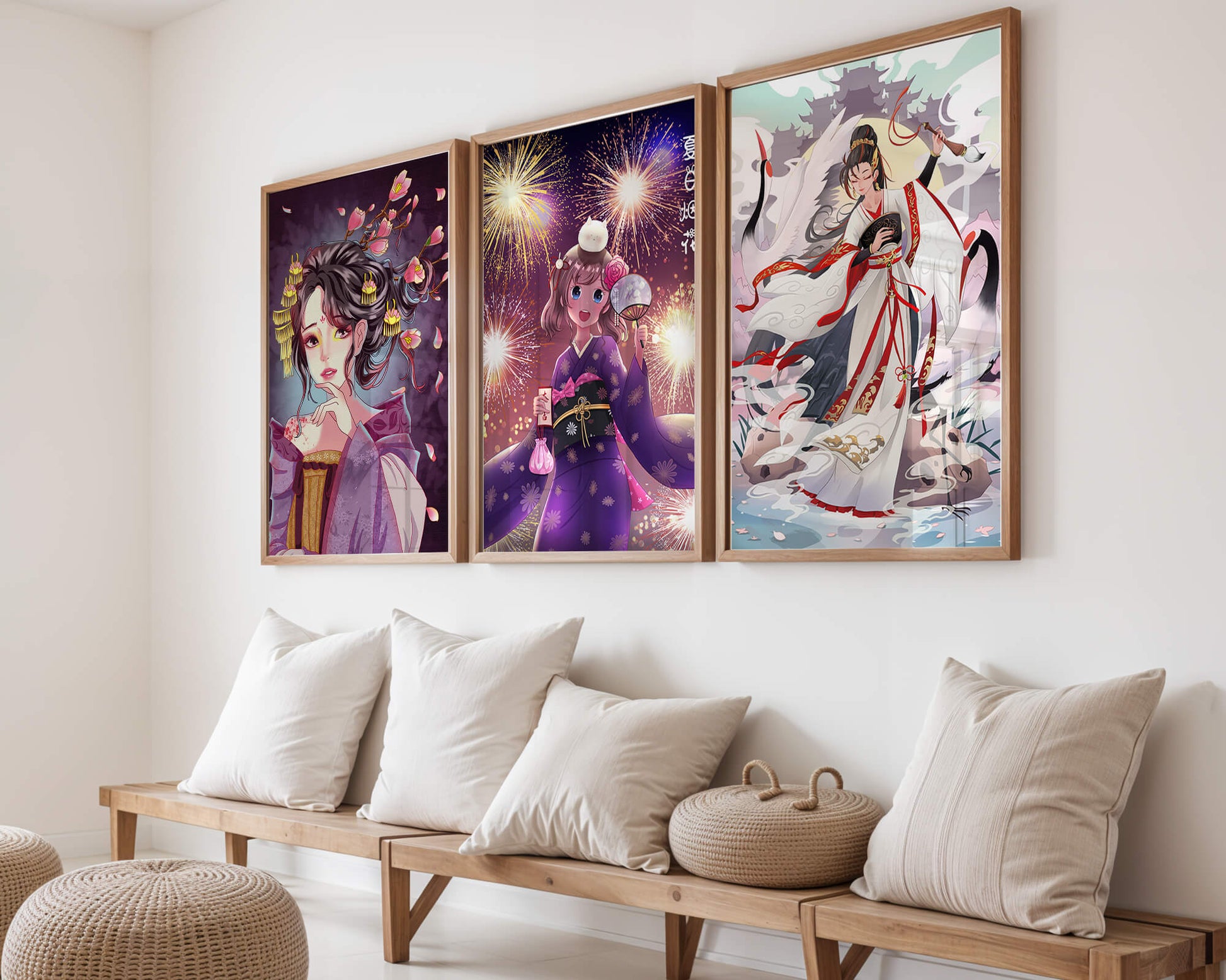 Tríptico de Arte Anime con Estampas de Personajes en Kimono