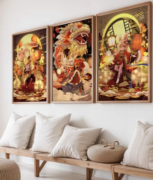 Ensemble d’illustrations sur le thème des dragons et des animaux aux couleurs chaudes