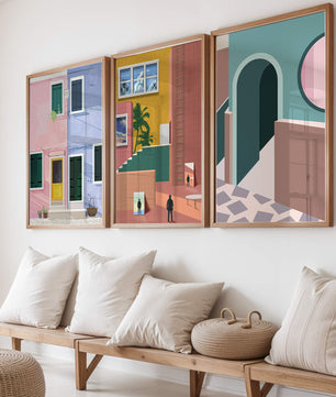 Ensemble de tableaux modernes avec architecture colorée