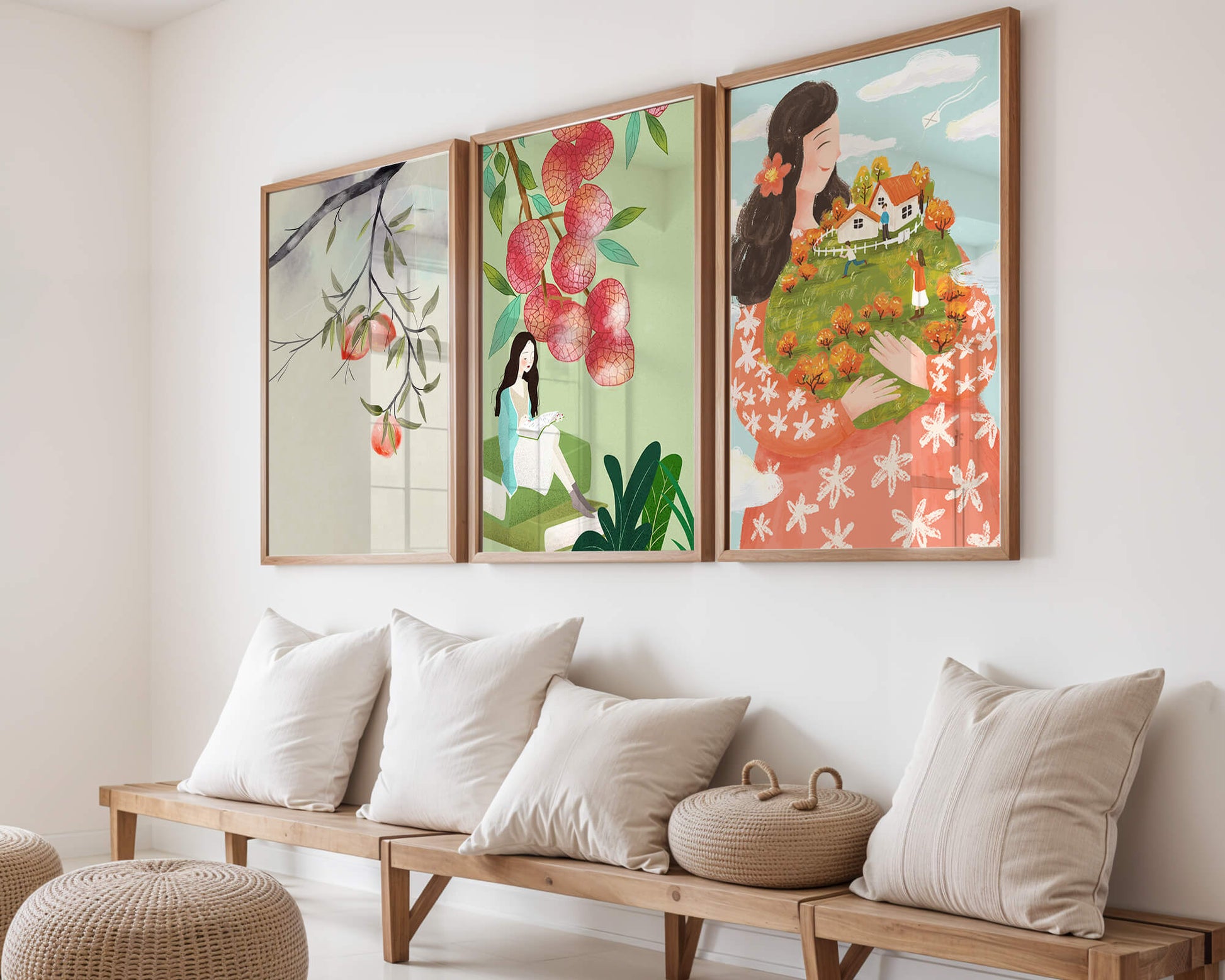 Triptyque d'art avec des éléments naturels et des figures du quotidien