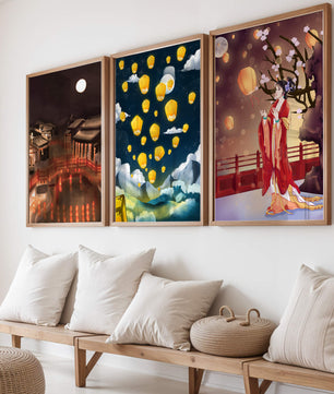 Ensemble de toiles avec éléments asiatiques et lanternes lumineuses