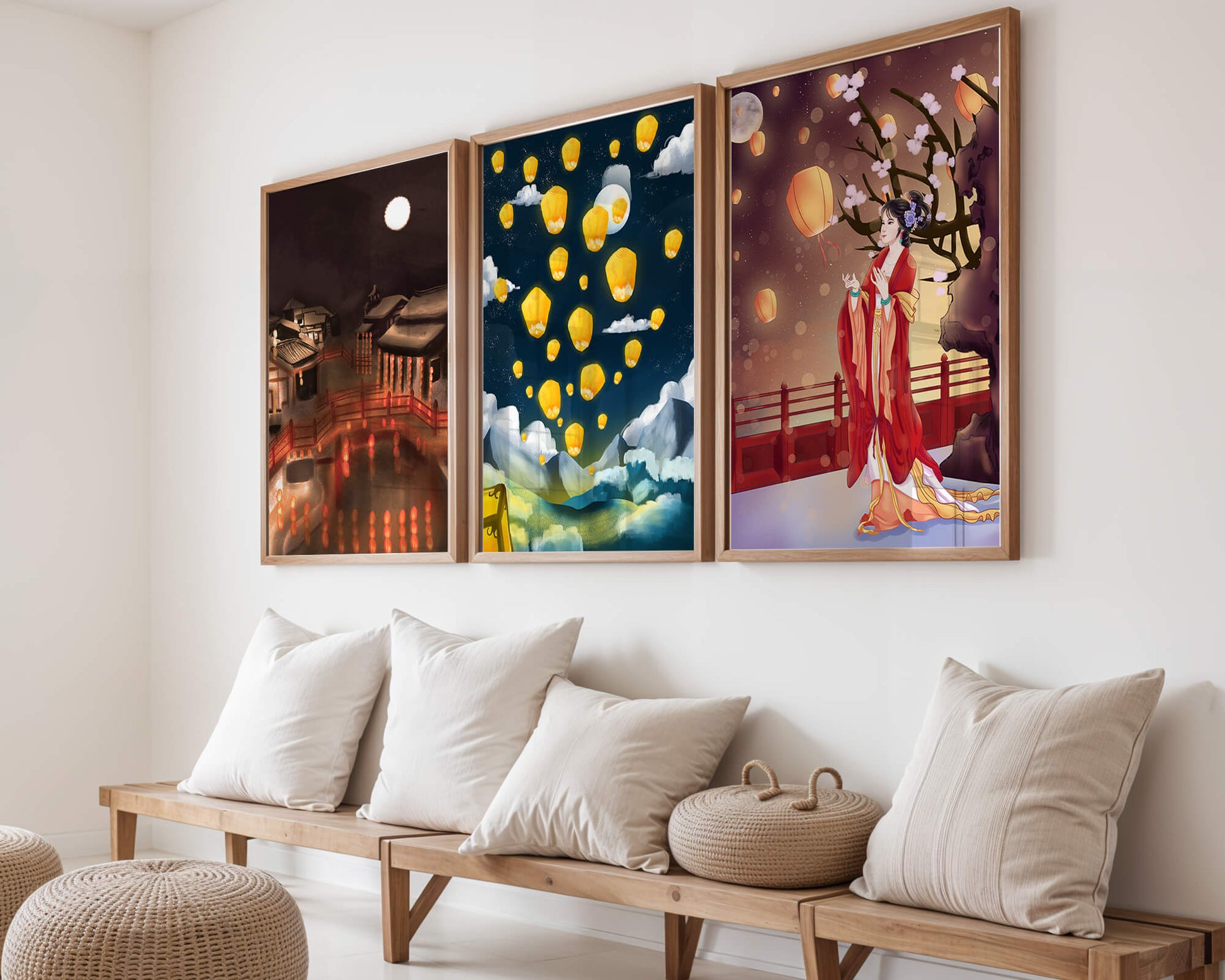 Ensemble de toiles avec éléments asiatiques et lanternes lumineuses