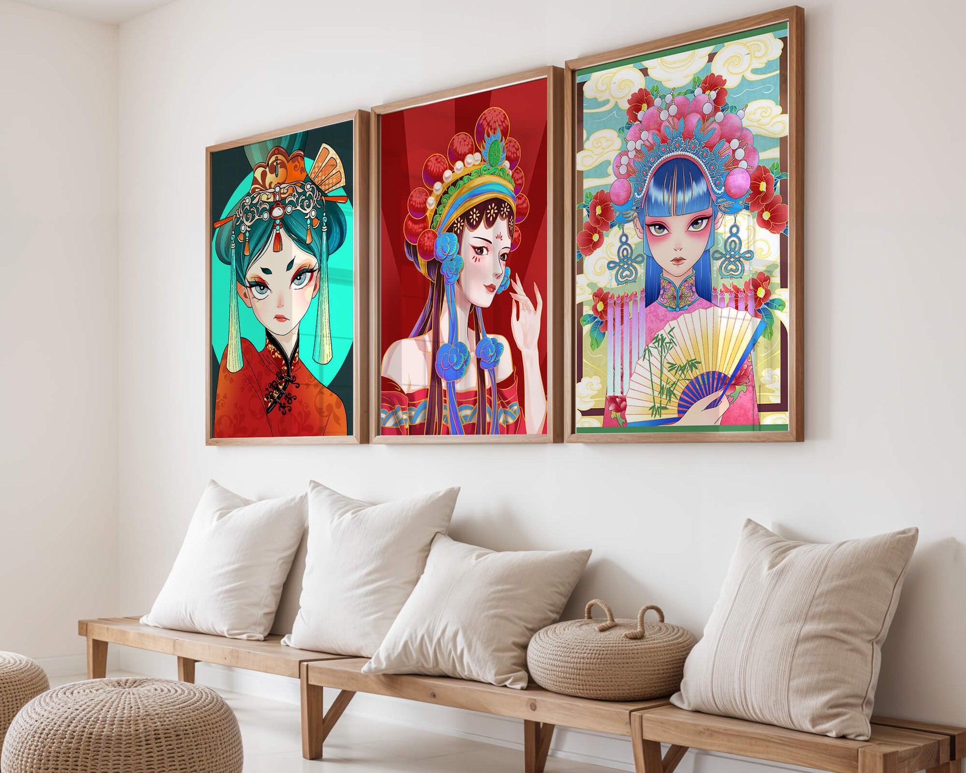 Retratos Ilustrados de Mujeres con Atuendos Tradicionales y Colores Vibrantes