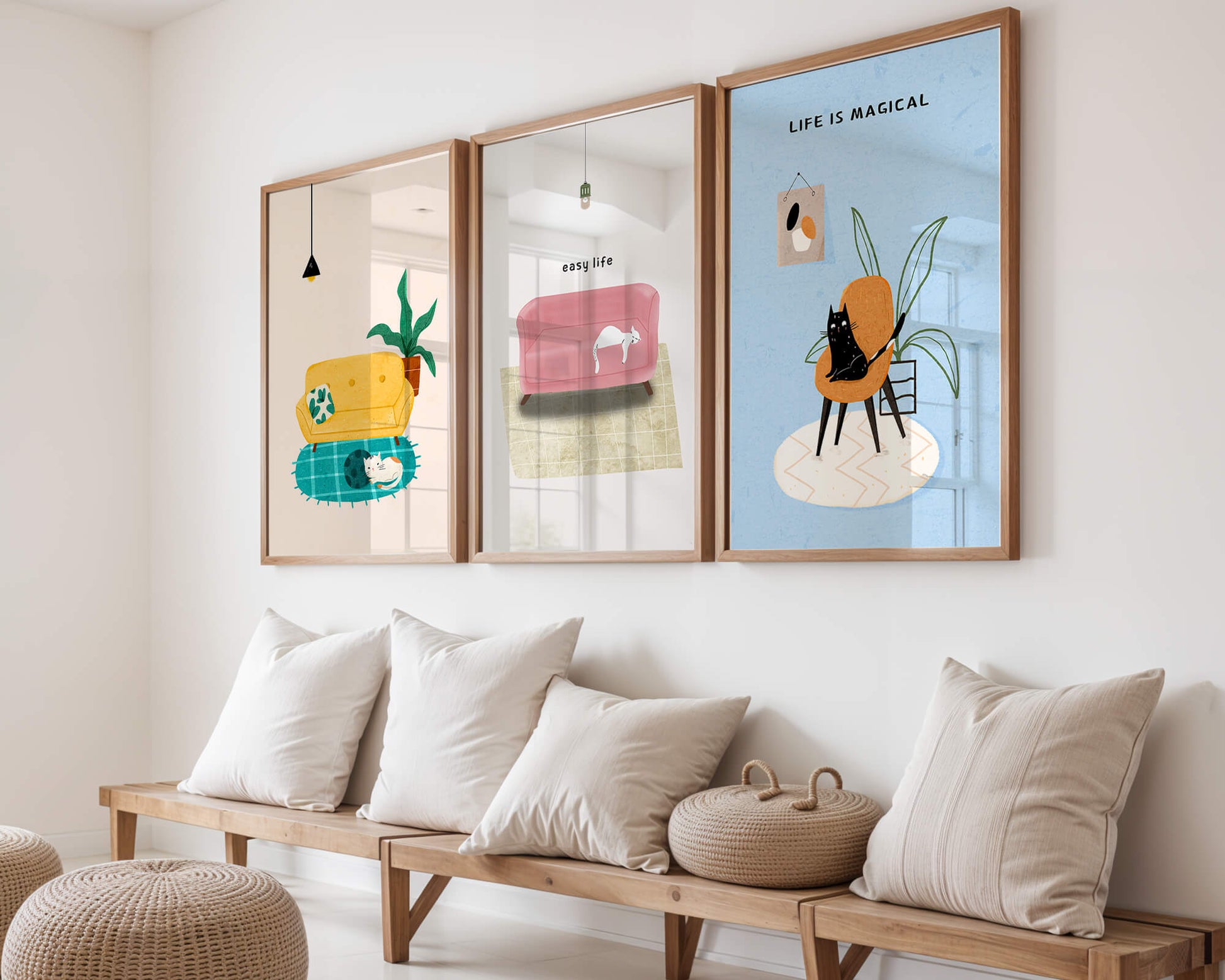 Imágenes minimalistas de gatos y muebles en marcos de madera