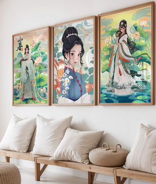 Serie De Arte Chino Con Mujeres Tradicionales En Impresión De Alta Calidad