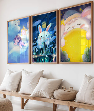 Illustrations de lapin et d'enfant dans un environnement nocturne